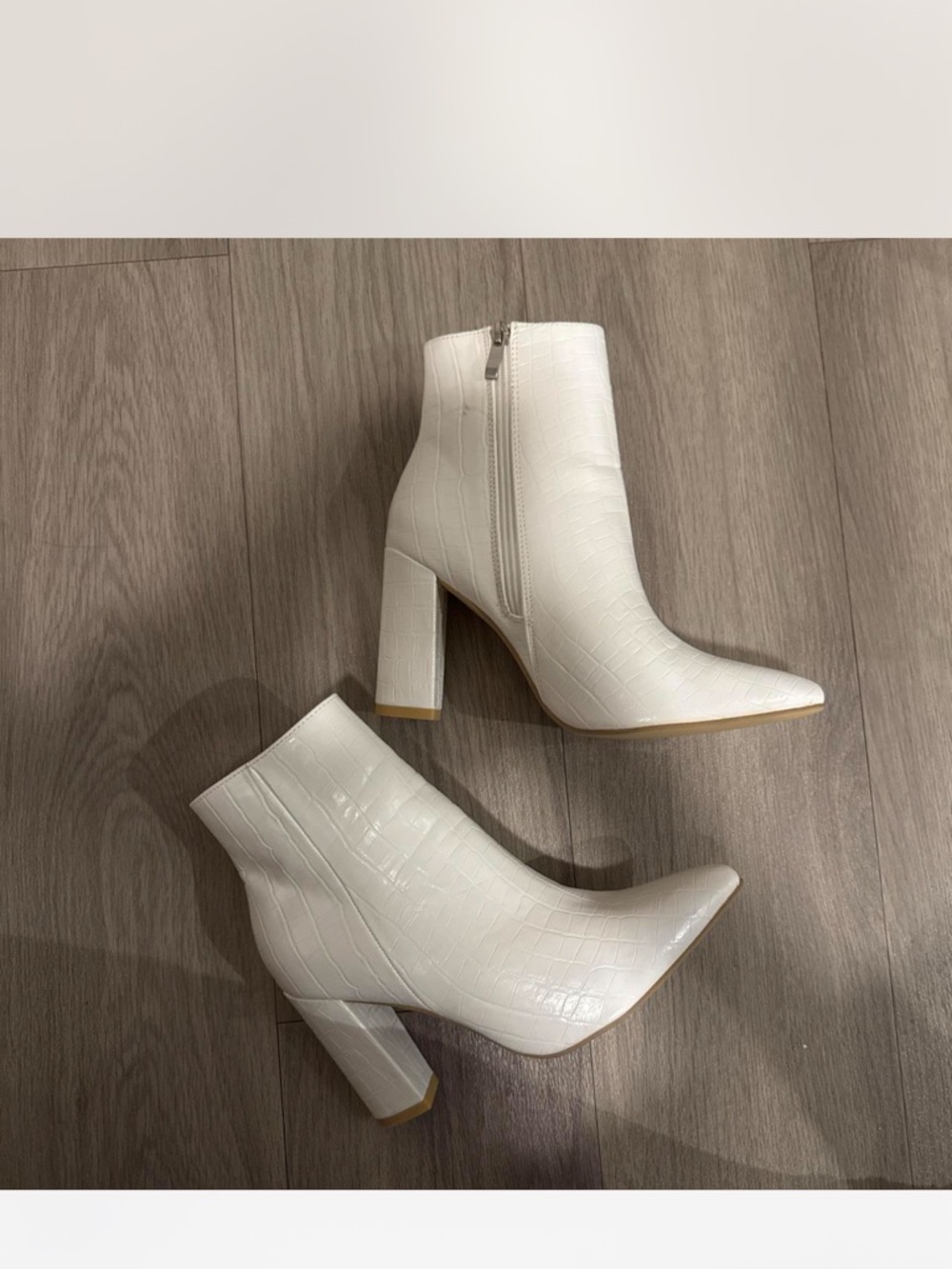 White Croc-Embossed Pointed Toe Ankle Boots